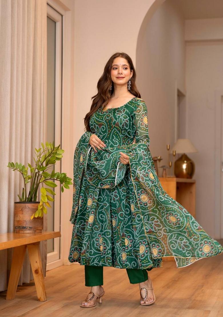 Green Printed Organza Kurta Set - Indya