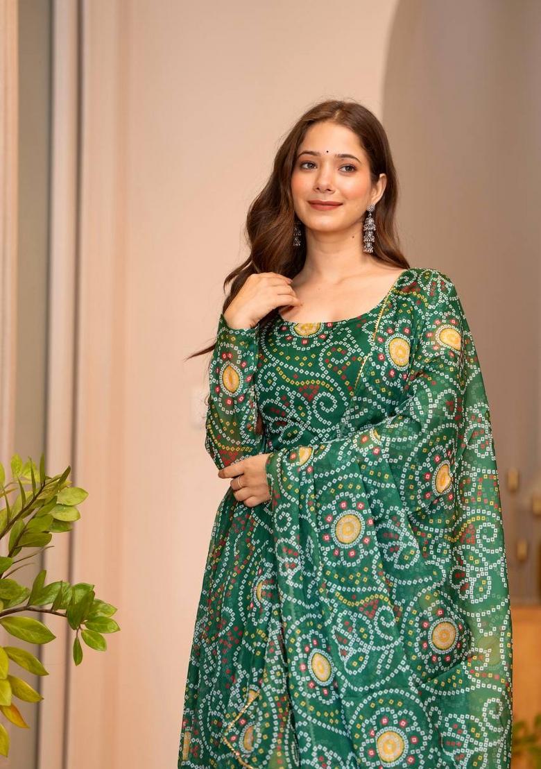 Green Printed Organza Kurta Set - Indya