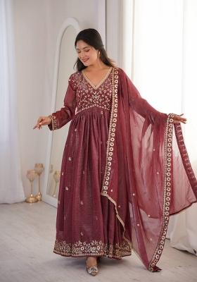 Wine Embroidered Crunchy Kurta Set