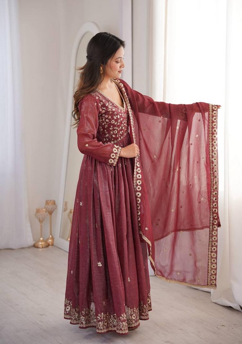 Wine Embroidered Crunchy Kurta Set - Indya