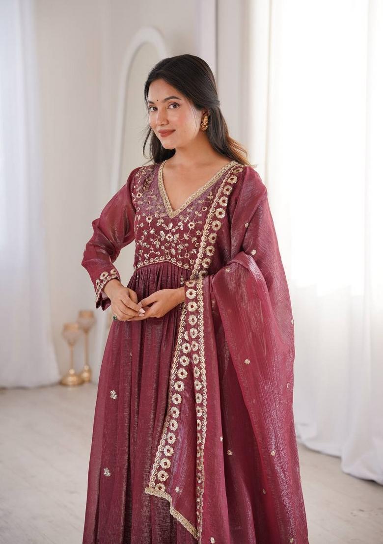 Wine Embroidered Crunchy Kurta Set - Indya