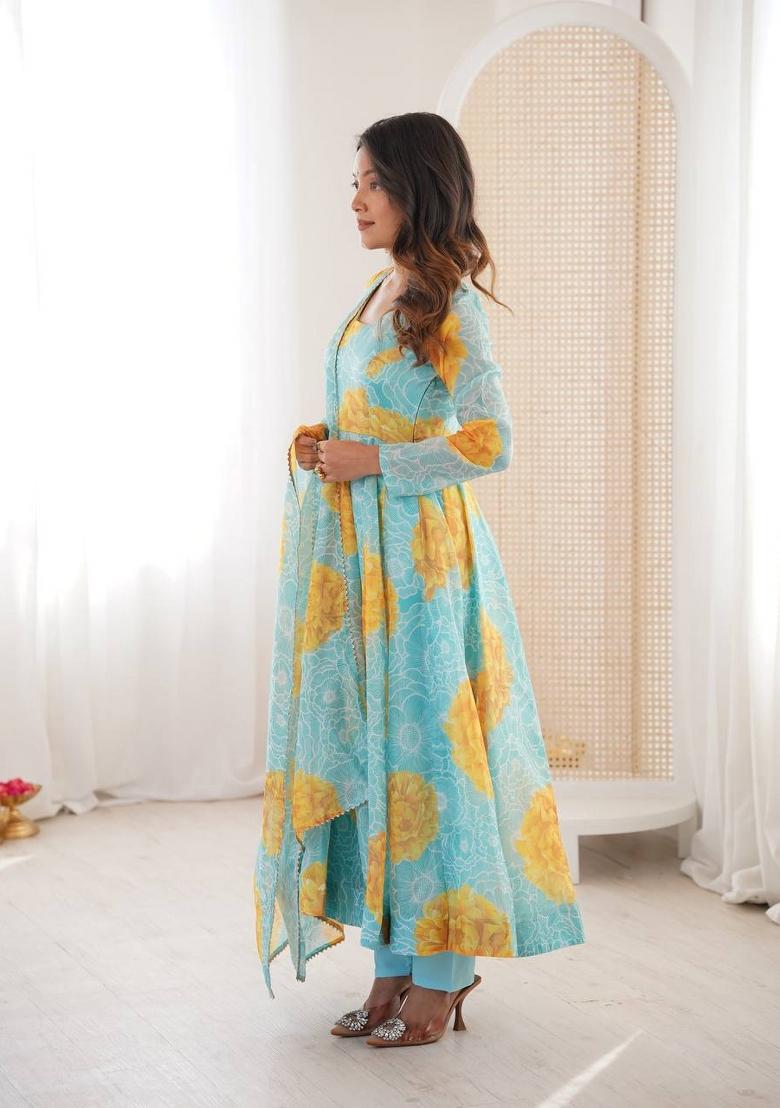 Sky Blue Printed Organza Kurta Set - Indya