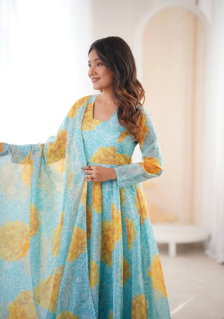 Sky Blue Printed Organza Kurta Set - Indya