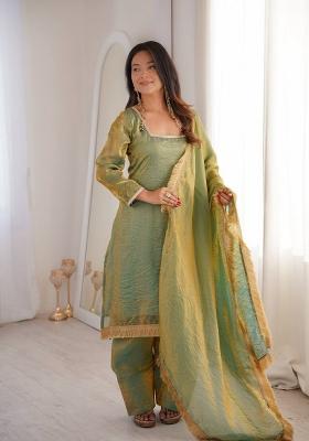Pastel Green Diamond Work Silk Palazzo Set