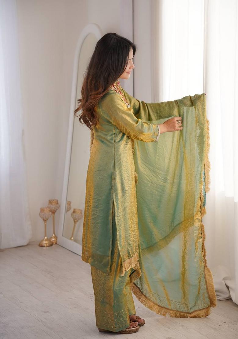 Pastel Green Diamond Work Silk Palazzo Set - Indya