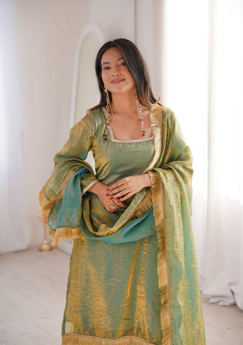 Pastel Green Diamond Work Silk Palazzo Set - Indya