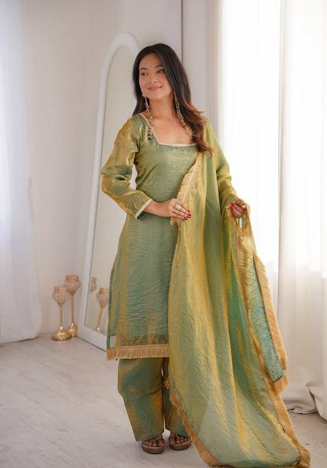 Pastel Green Diamond Work Silk Palazzo Set