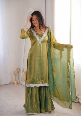 Pastel Green Lace Work Silk Sharara Set