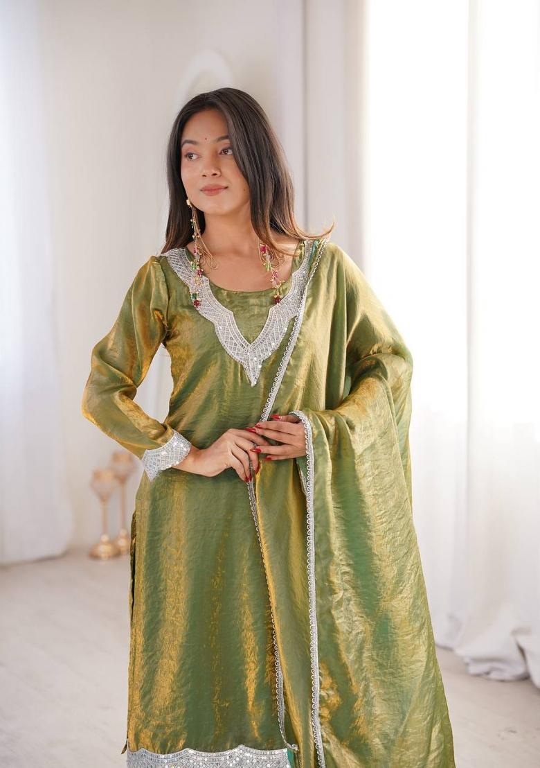 Pastel Green Lace Work Silk Sharara Set - Indya