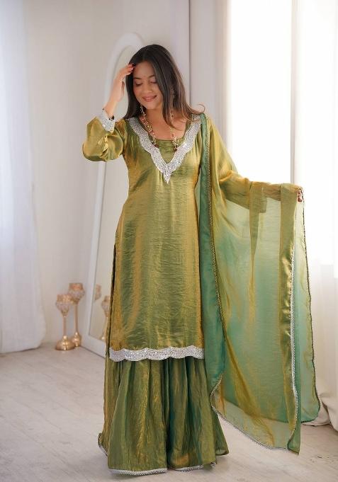 Pastel Green Lace Work Silk Sharara Set