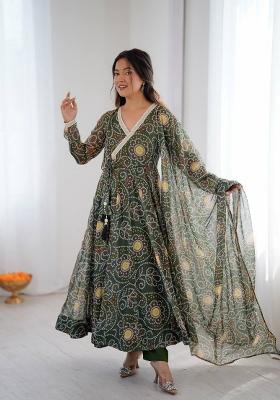 Green Printed Georgette Kurta Set