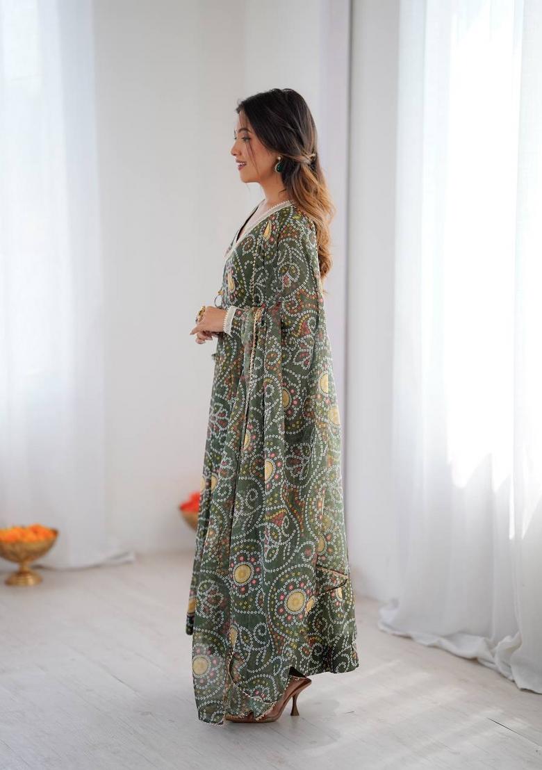 Green Printed Georgette Kurta Set - Indya