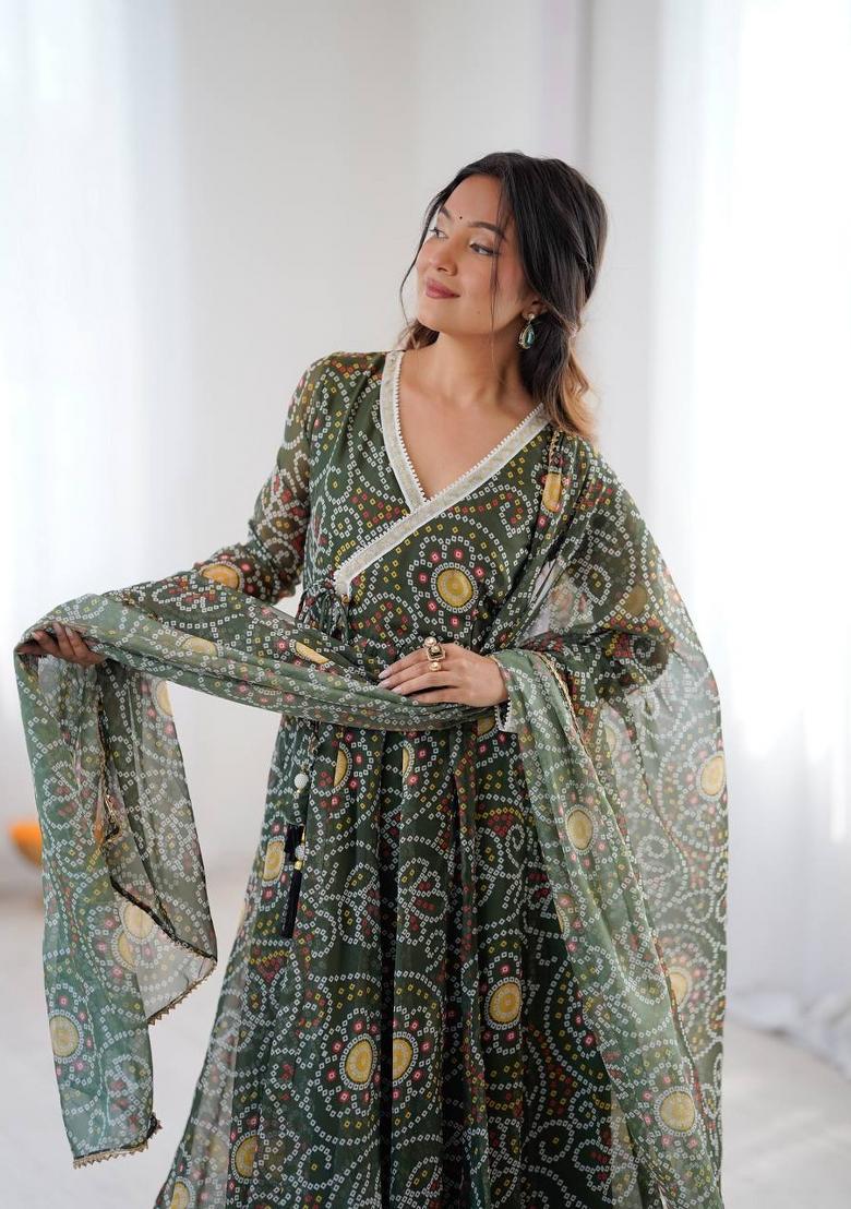 Green Printed Georgette Kurta Set - Indya