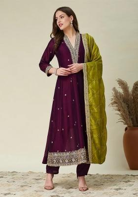 Wine Embroidered Silk Blend Kurta Set