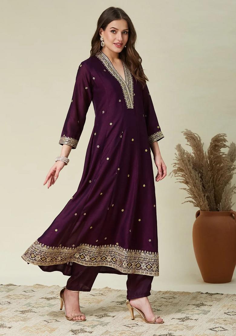 Wine Embroidered Silk Blend Kurta Set - Indya