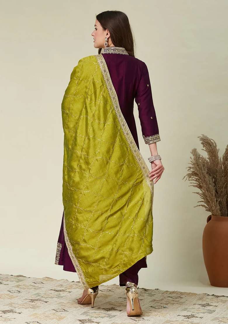 Wine Embroidered Silk Blend Kurta Set - Indya