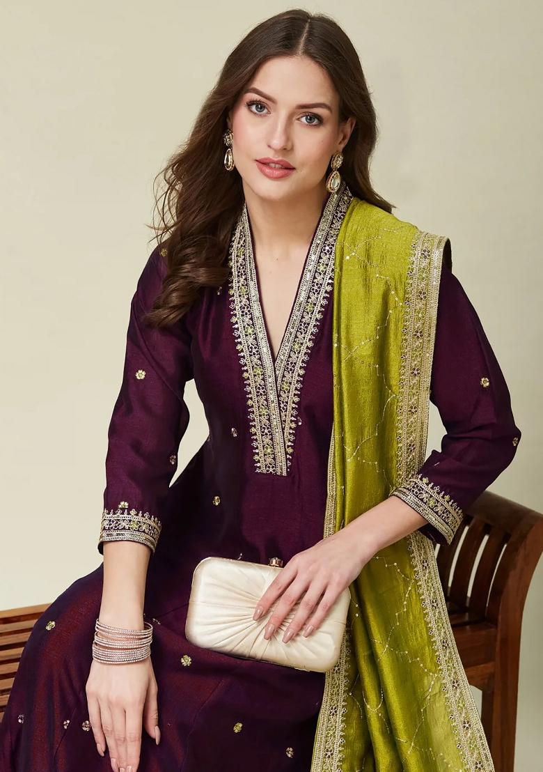 Wine Embroidered Silk Blend Kurta Set - Indya