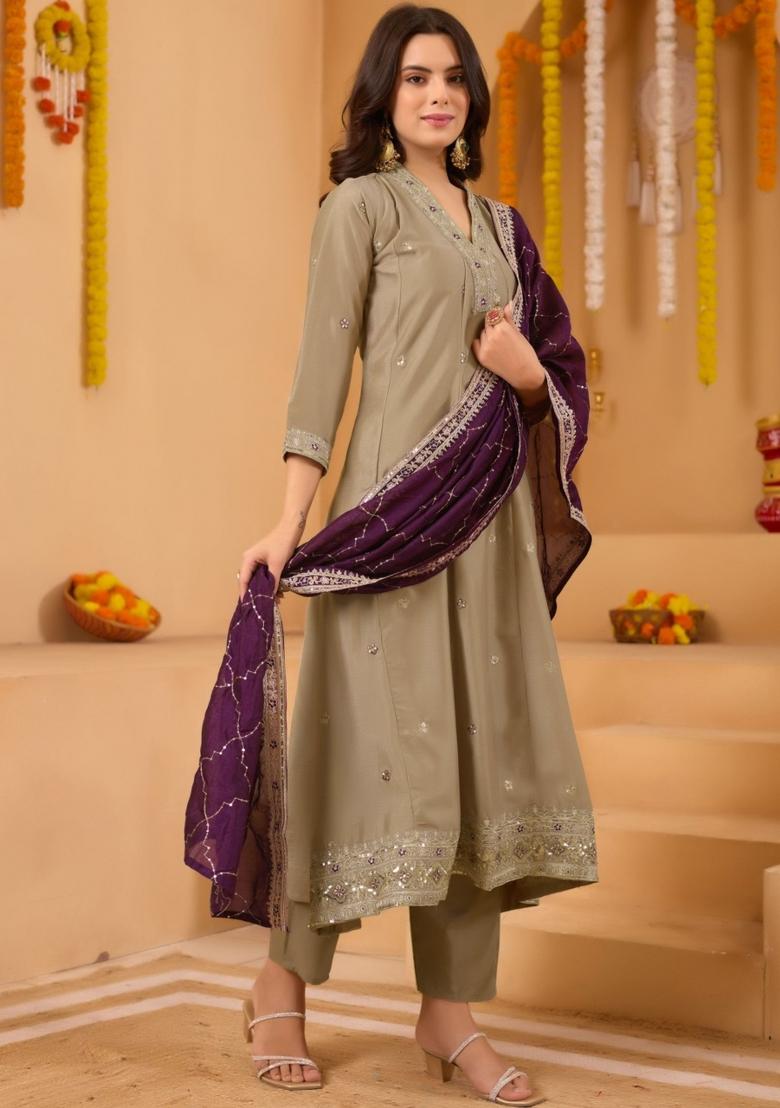 Dusty Green Embroidered Silk Blend Kurta Set - Indya