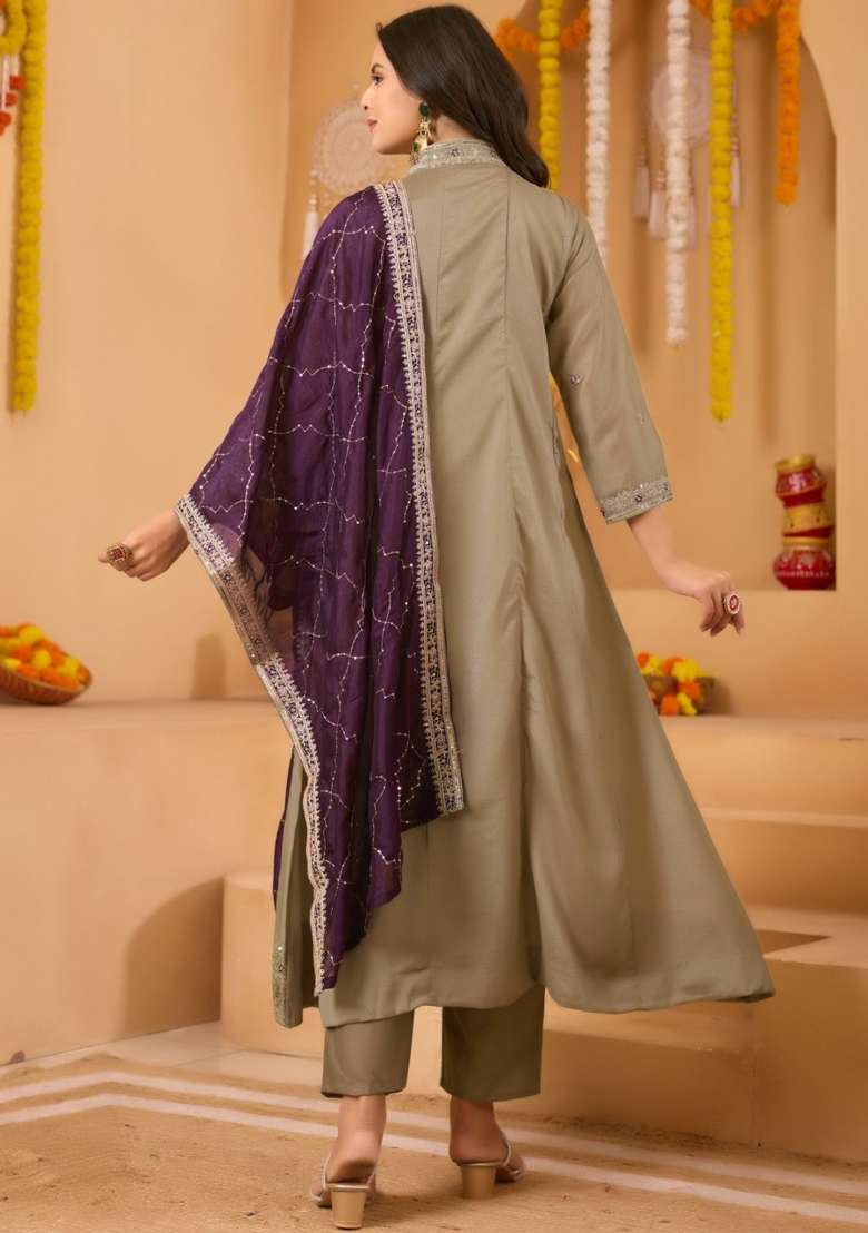 Dusty Green Embroidered Silk Blend Kurta Set - Indya