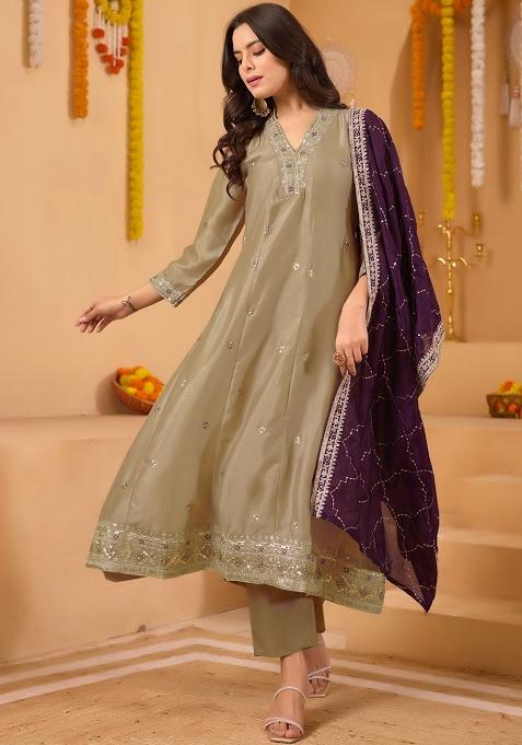 Dusty Green Embroidered Silk Blend Kurta Set