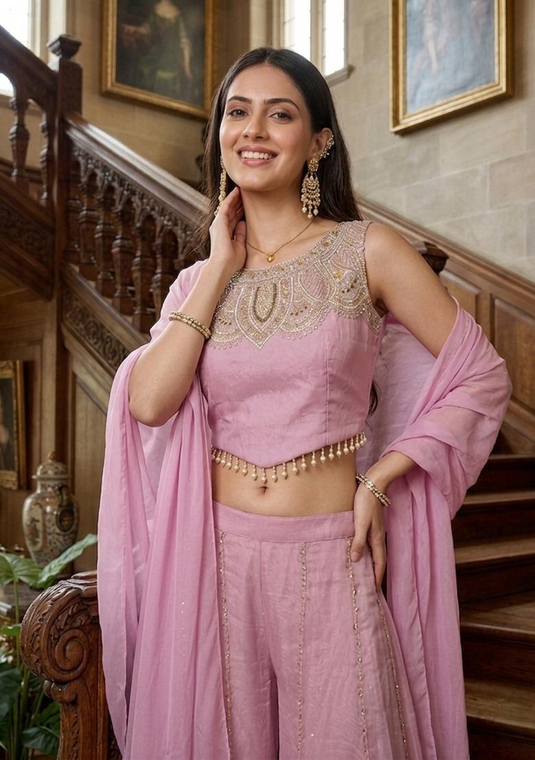 Mauve Pink Embroidered Viscose Palazzo Set - Indya