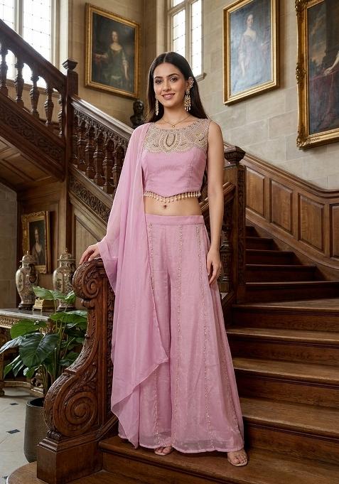 Mauve Pink Embroidered Viscose Palazzo Set