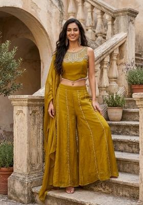 Olive Green Embroidered Viscose Palazzo Set