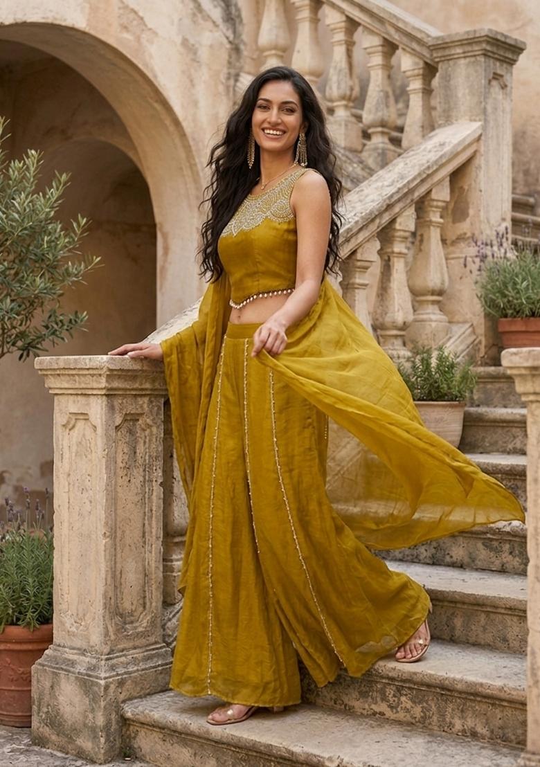 Olive Green Embroidered Viscose Palazzo Set - Indya