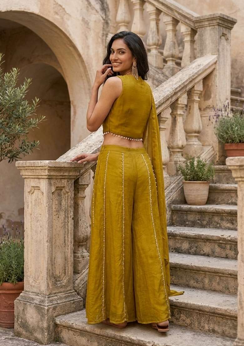 Olive Green Embroidered Viscose Palazzo Set - Indya