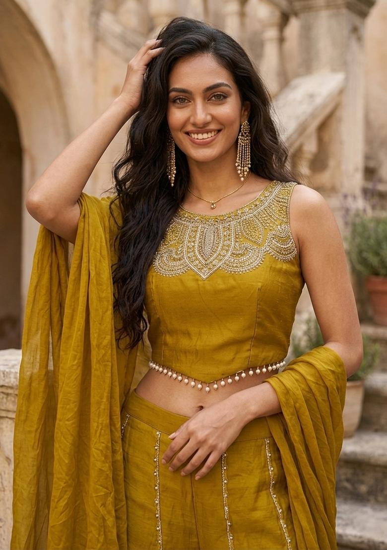Olive Green Embroidered Viscose Palazzo Set - Indya