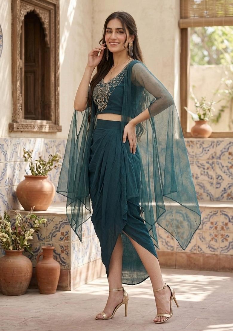 Teal Green Embroidered Silk Indo Western Suit - Indya