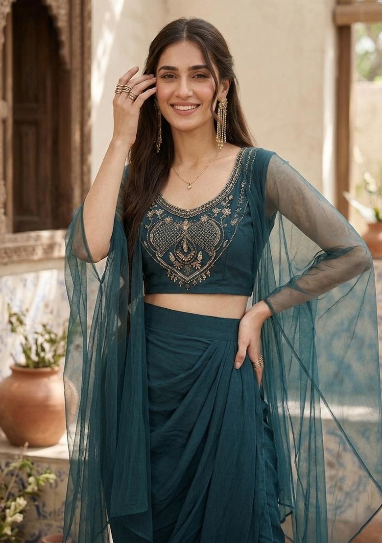 Teal Green Embroidered Silk Indo Western Suit - Indya