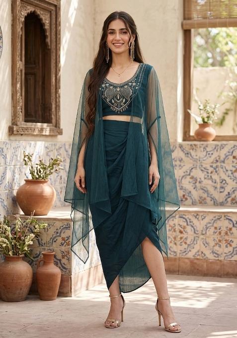 Teal Green Embroidered Silk Indo Western Suit