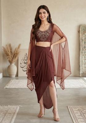 Brown Embroidered Silk Indo Western Suit
