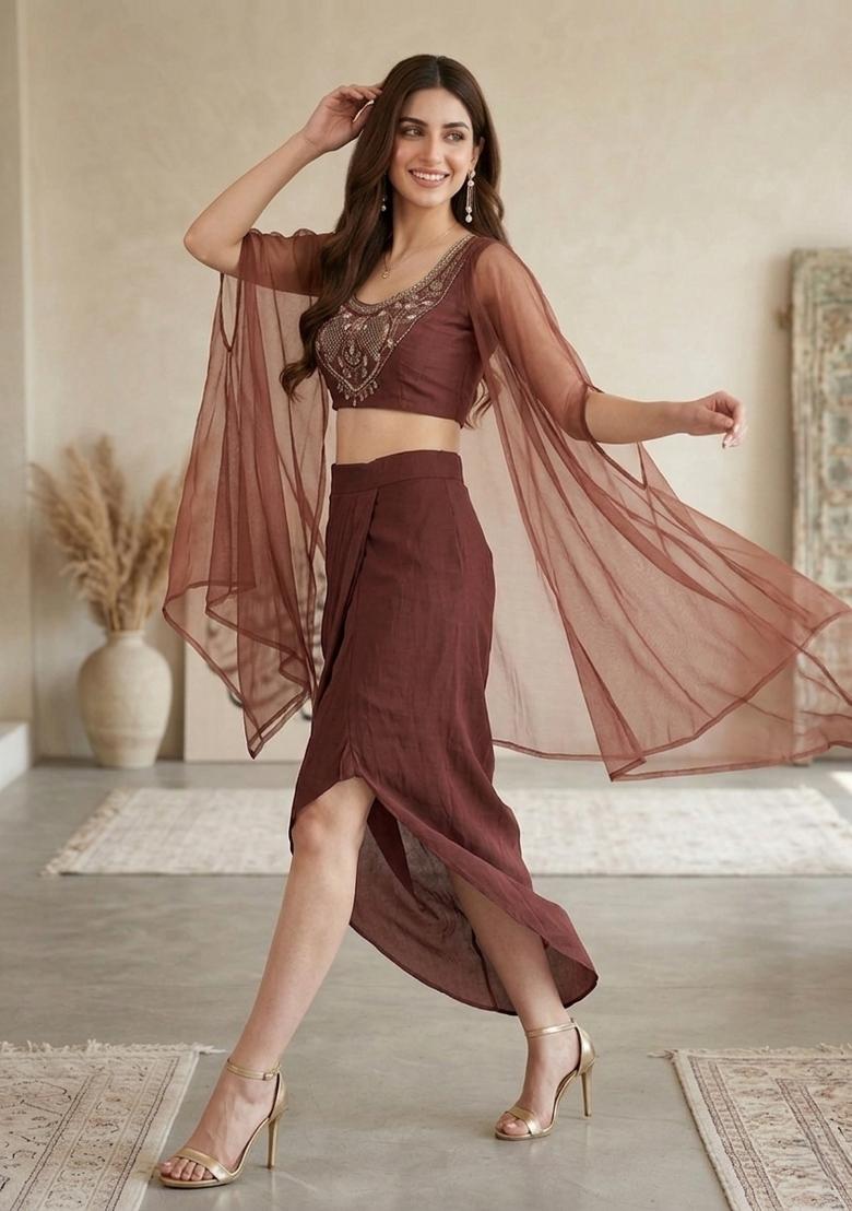 Brown Embroidered Silk Indo Western Suit - Indya