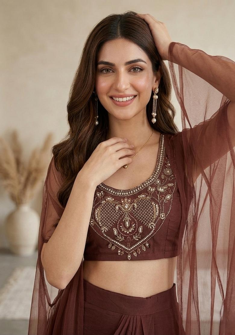 Brown Embroidered Silk Indo Western Suit - Indya