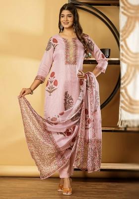 Pink Embellished Cotton Kurta Set