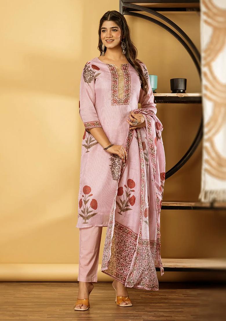 Pink Embellished Cotton Kurta Set - Indya