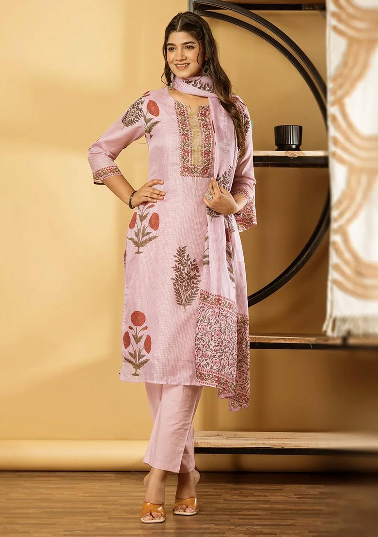 Pink Embellished Cotton Kurta Set - Indya