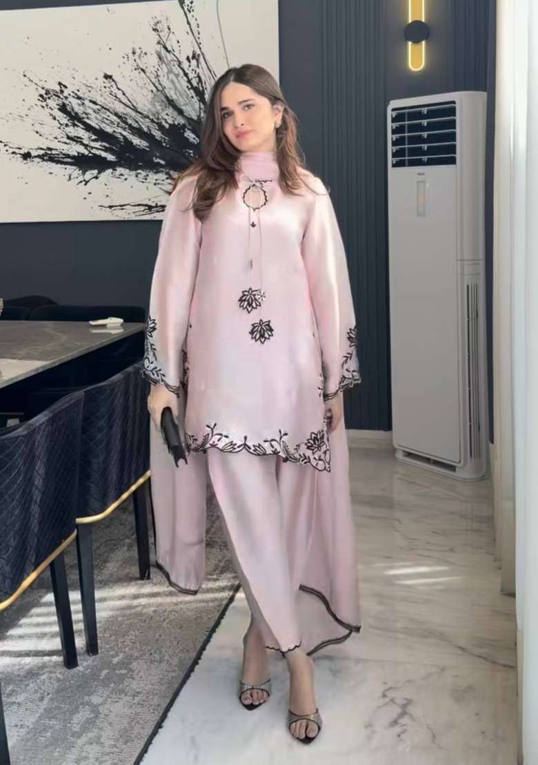 Lite Peach Embroidered Crepe Kurta Set - Indya