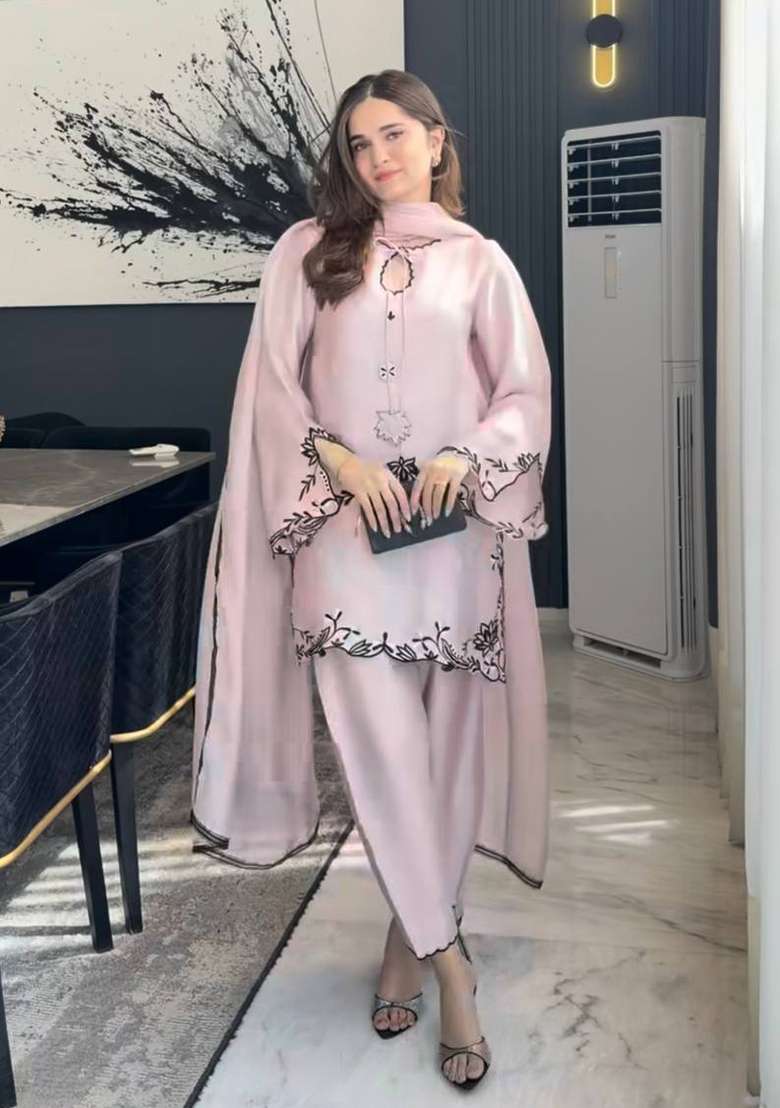Lite Peach Embroidered Crepe Kurta Set - Indya