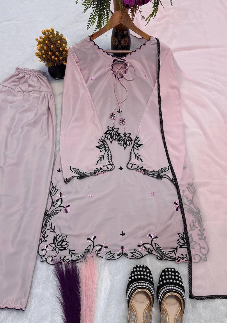 Lite Peach Embroidered Crepe Kurta Set - Indya