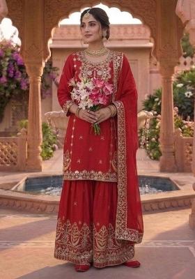 Red Embroidered Chinon Kurta Set
