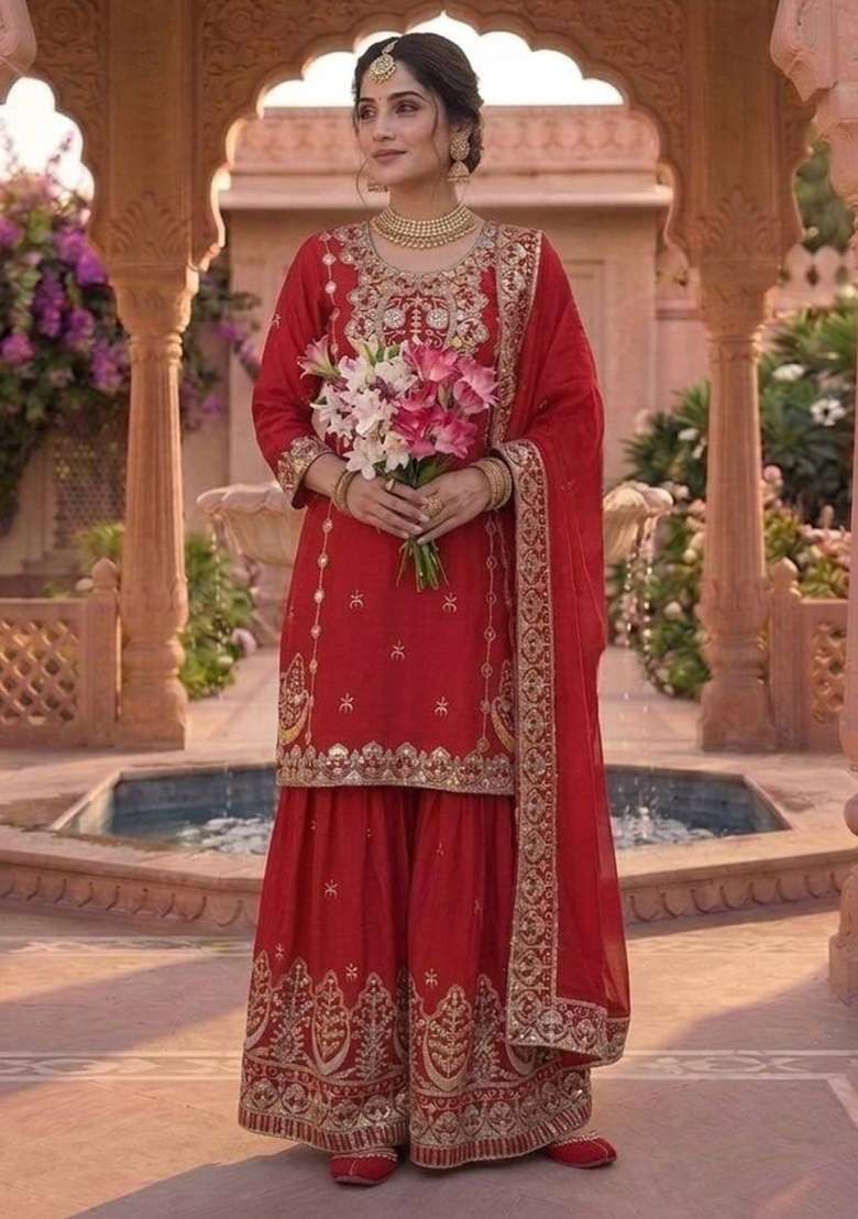 Red Embroidered Chinon Kurta Set - Indya