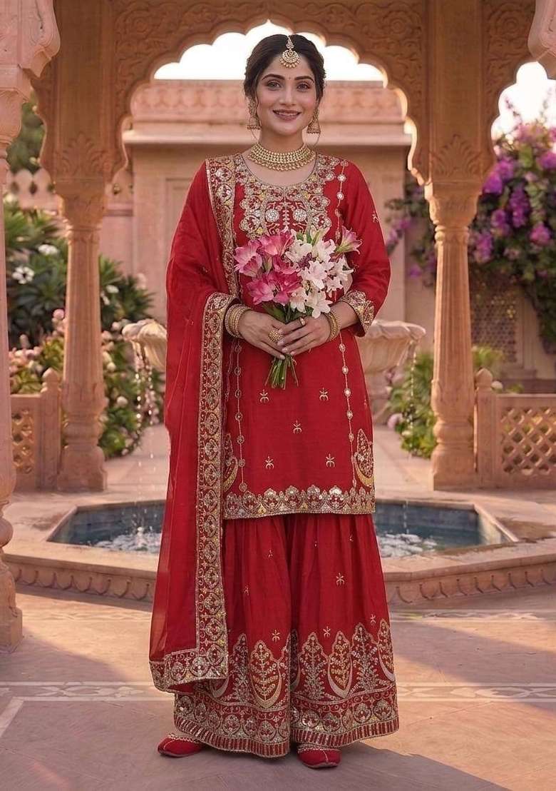 Red Embroidered Chinon Kurta Set - Indya