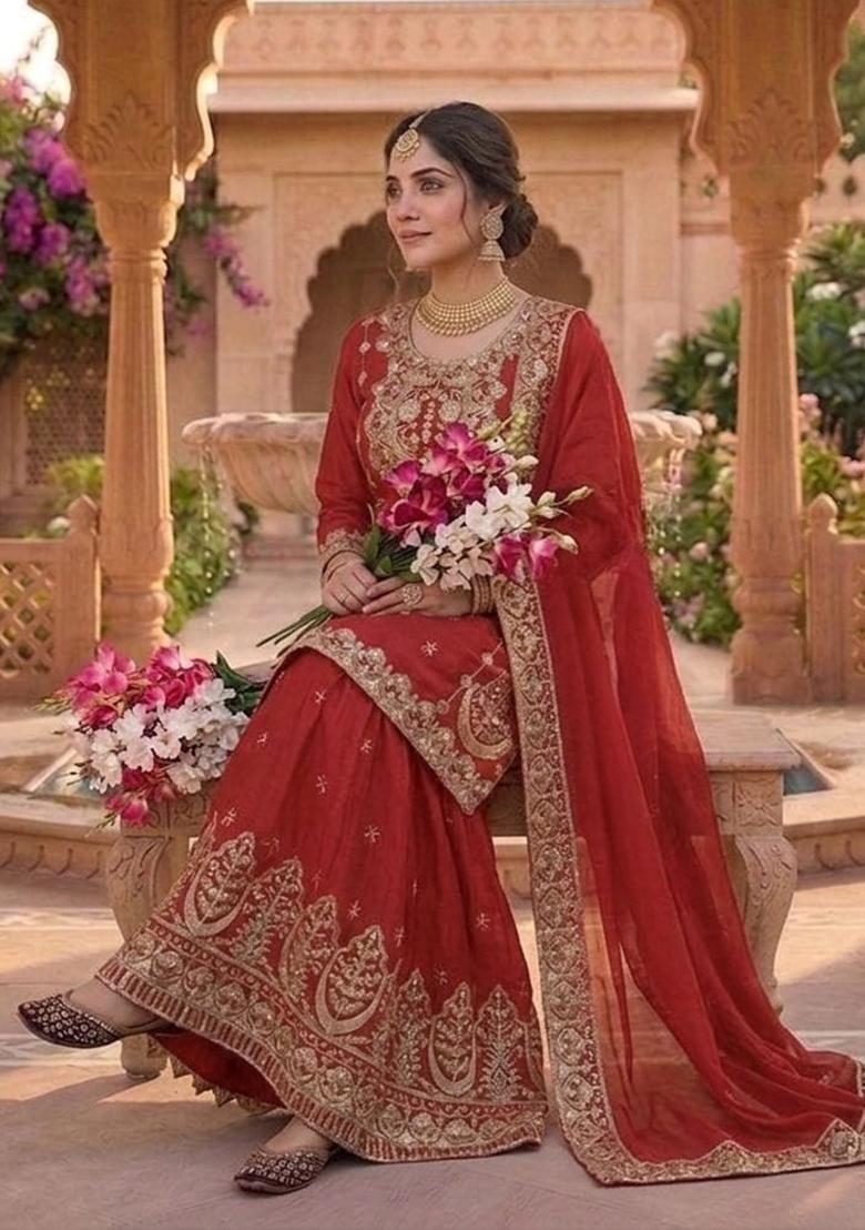 Red Embroidered Chinon Kurta Set - Indya