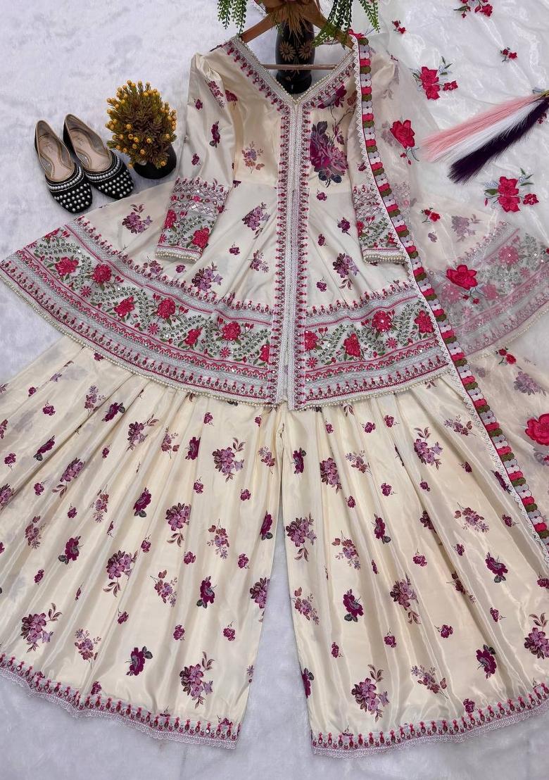 Cream Embroidered Crepe Kurta Set - Indya