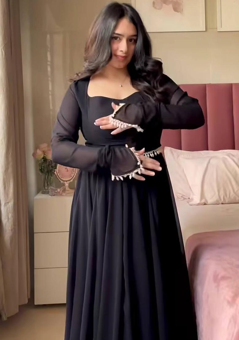 Black Embroidered Georgette Kurta Set - Indya