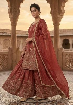Dark Orange Embroidered Crunchy Kurta Set