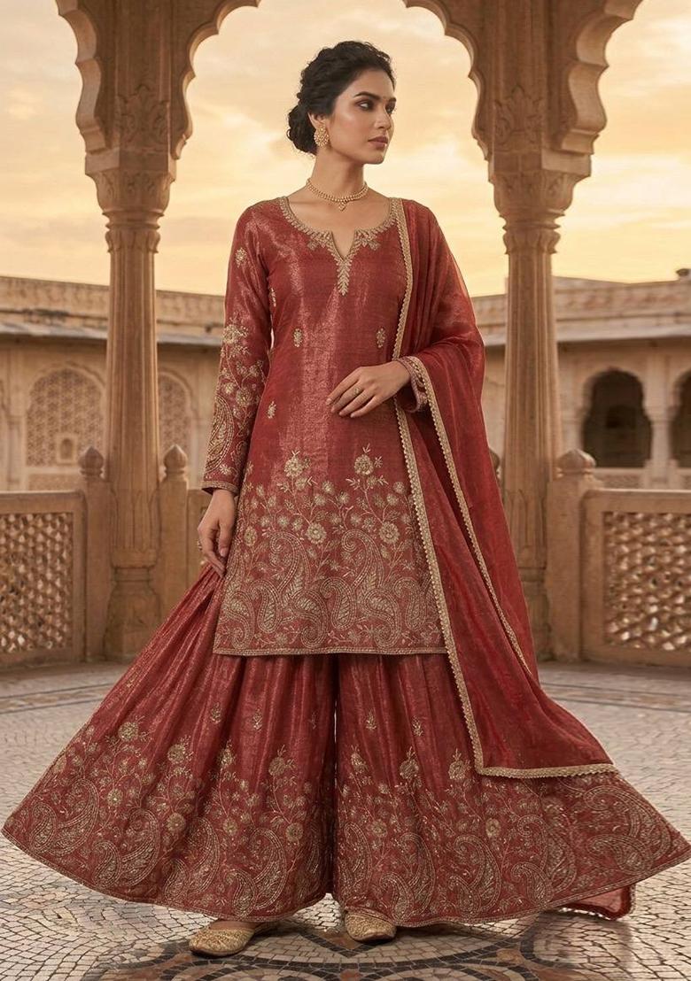 Dark Orange Embroidered Crunchy Kurta Set - Indya